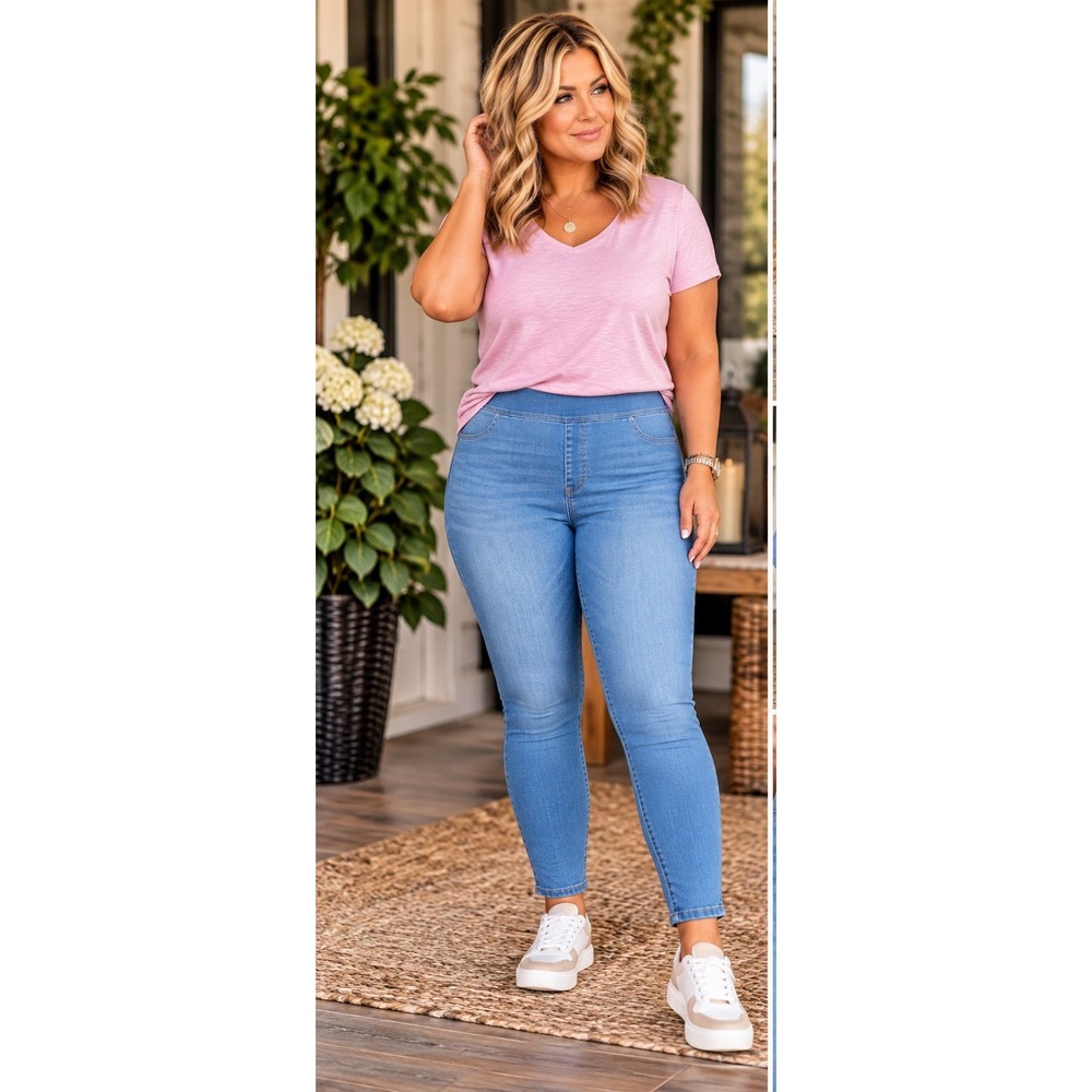 Terra & Sky High Rise Pull On Skinny Jeggings 4X (28W) Stretch Denim Med Wash